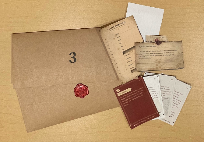 Case File 3 with a Culper code book, coded letter, numbered envelope, and evidence cards