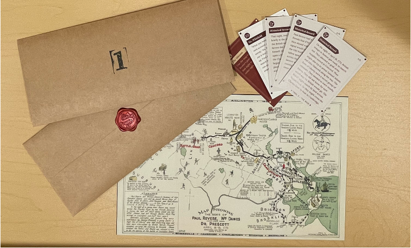 Case File 1 with a Paul Revere route map, numbered envelope, and historical evidence cards